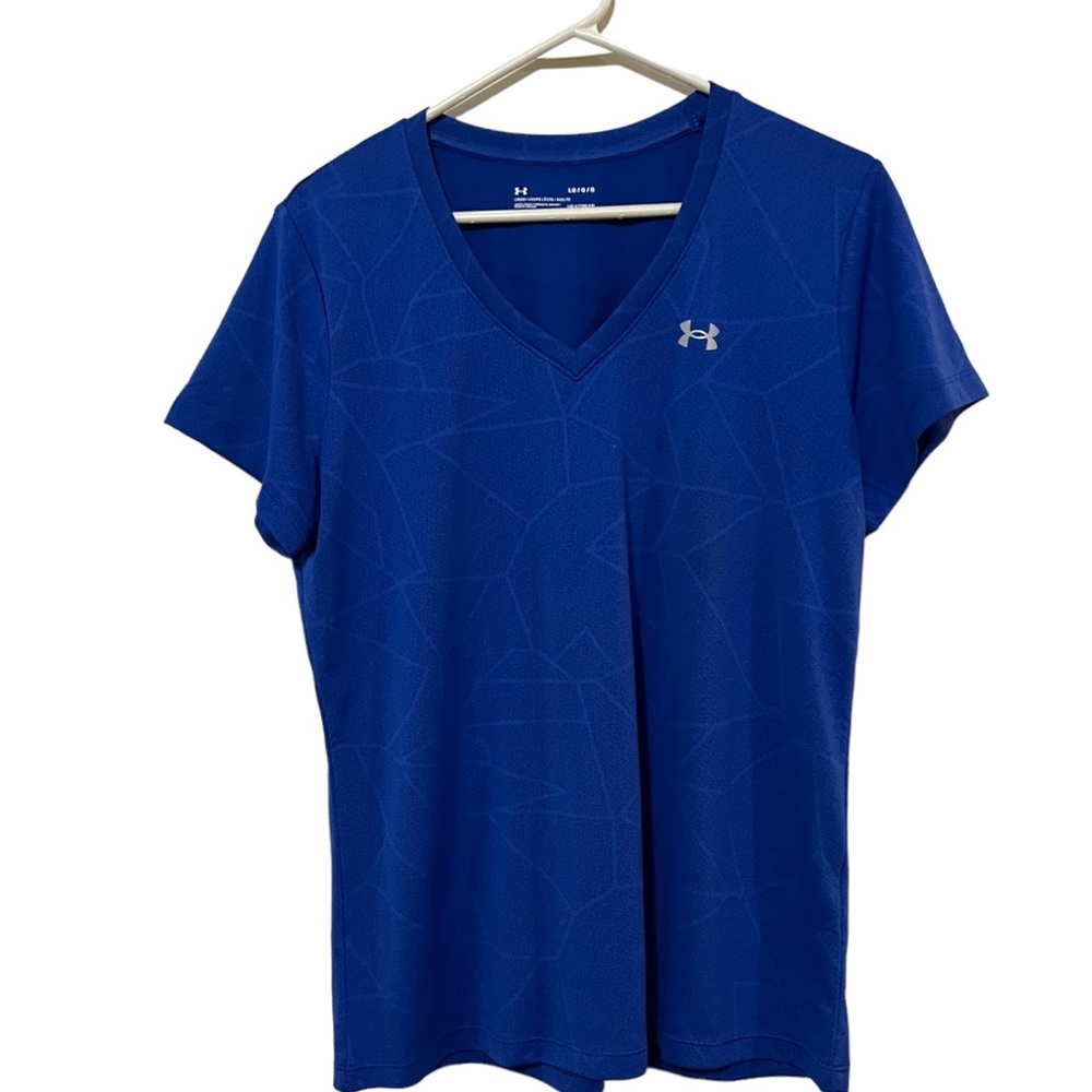 UNDER ARMOUR HEATGEAR ATHLETIC BLUE GEOMETRIC DESIGN PRINT WOMENS TOP SI…